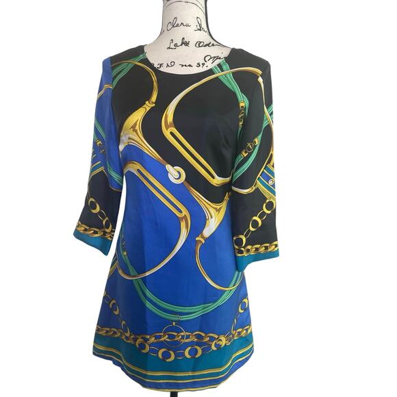 JULIE BROWN SHEATH DRESS 100% SILK SZ 0 EQUESTRIAN PRINT ECLECTIC CHIC COCKTAIL - Picture 4 of 16
